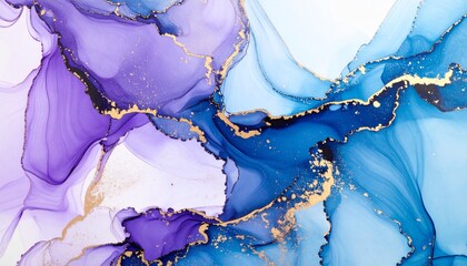 ラグジュアリーな紫×青のマーブル模様Dreamy Ink Art with Blue, Purple, and Gold Highlights