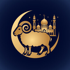 greeting card for muslim festival of sacrifice eid al-adha. islamic crescent moon, barn and golden mosque with stars. vector illustration