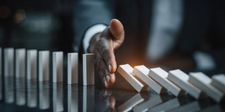 Businessman Stops Domino Effect to Prevent Crisis