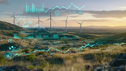 Wind turbines on a hilltop landscape, overlaid with digital data visualizations of financial metrics and performance indicators, suggesting sustainable energy and economic growth