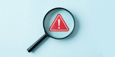 Risk Identification and Safety Awareness Concept with Magnifying Glass Highlighting Warning Triangle with Exclamation Mark, Representing Hazard Detection, Prevention, and Security Measures
