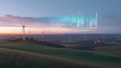 Wind turbines on a rolling landscape at sunset, overlaid with data visualizations of energy production