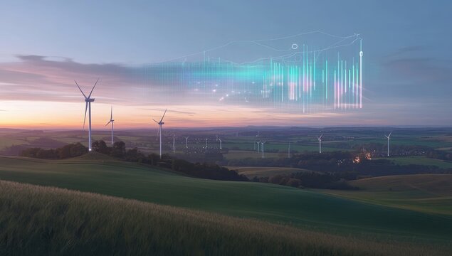 Wind turbines on a rolling landscape at sunset, overlaid with data visualizations of energy production