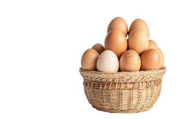 Eggs piled high in a woven basket a variety of colors and patterns