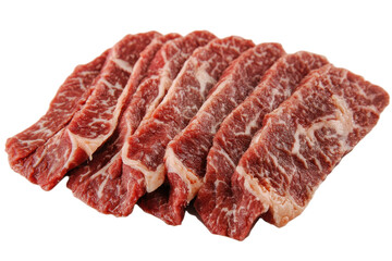 Obraz premium Exquisite beef slices reveal intricate marbling promising a flavorful culinary experience against a stark white background