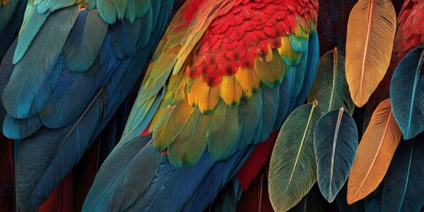 Fototapeta premium Close-Up of Vibrant Macaw Feathers Showcasing Exotic Plumage Detail