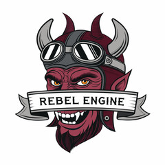A vintage-style illustration of a devil's head wearing biker goggles, a banner draped across its horns reads 