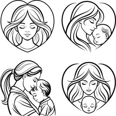 Mother and Child Heart Shaped Line Art Illustrations