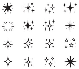 Hand-drawn sketch doodle style. Magic light decoration background vector. Star twinkle glitter spark hand drawn shine icon set. Twinkle star vector spark element icon. 
