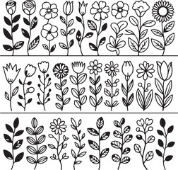 Fototapeta premium Hand-drawn collection of various flowers and plants in a repeated pattern, perfect for botanical and decorative design themes.
