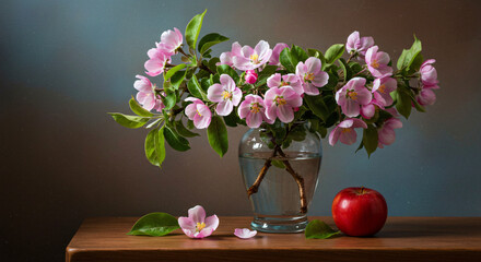 Fototapeta premium Still life composition of pink blossoms in a vase with apples on a table, classical floral scene