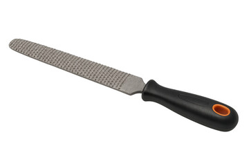 Studio shot of a rasp file tool with black and orange handle, isolated on transparent background