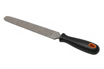 Studio shot of a rasp file tool with black and orange handle, isolated on transparent background