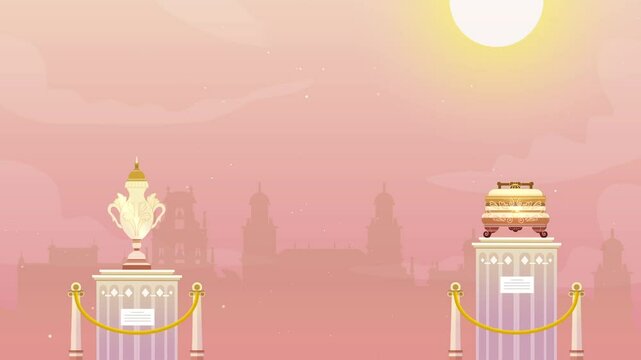 Sunset View of Ancient Artifacts in Museum Display Heritage Exhibit Animation