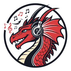 A vibrant, cartoon dragon wearing headphones, encircled by floating musical notes within an oval frame.  Detailed scales and expressive eyes.