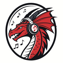 A vibrant, cartoon-style dragon wearing headphones, surrounded by swirling music notes within an oval frame.  Focus on joyful expression.