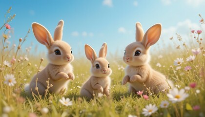 Obraz premium Cute cartoon Easter bunny with colorful eggs, a fun spring holiday animal illustration set