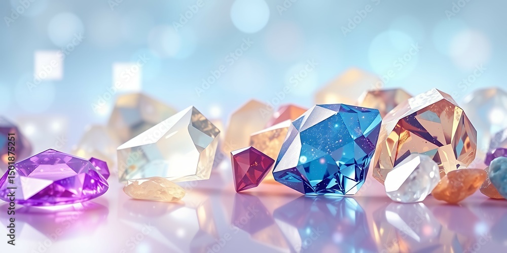 Aufkleber a collection of colorful gems scattered on a reflective surface with a blurred light background