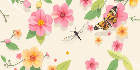 Background and banner decorated with pastel colors blooming flowers and leaves. Spring, Easter, Summer theme with dragonfly, butterfly and bee. Flat folk geometric style