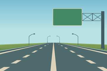 Highway Road Vector Background. Empty Highway Road Vector Illustration with Green Road Sign, Street Lights, Blue Sky. Highway Road Vector for Transportation, Travel, Cityscape, Journey, Poster, Banner