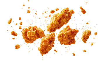 Fried chicken pieces float on white background coated in crispy crumbs with scattered sauce droplets