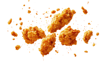 Fried chicken pieces float on white background coated in crispy crumbs with scattered sauce droplets