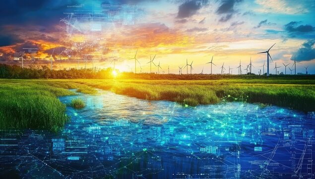 A sustainable future.  Wind turbines line a river flowing through a grassy field, with superimposed data visualizations of global interconnectedness, energy systems, and global economic activity