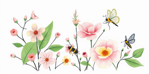 Background and banner decorated with pastel colors blooming flowers and leaves. Spring, Easter, Summer theme with dragonfly, butterfly and bee. Flat folk geometric style