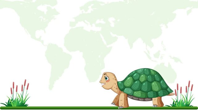 Cartoon Turtle on Grass with World Map Background
