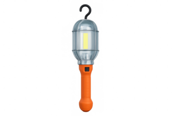 Portable orange-handled led work lamp with transparent casing, illuminating workspace efficiently. White background isolation