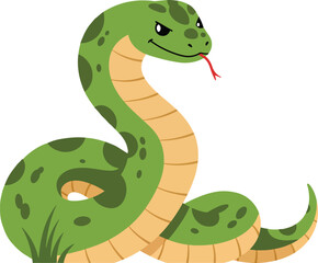 Naklejka premium Green snake with spots coiled on grass cartoon vector illustration with tongue out natural reptile animal design 