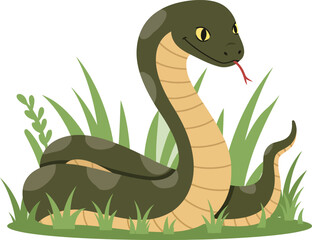 Green snake resting in grass with natural vegetation and detailed eyes vector illustration 