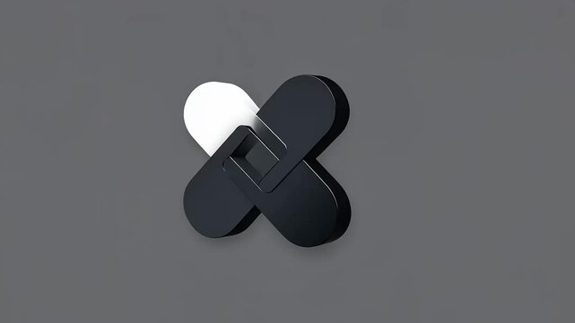 Abstract design featuring interlocking shapes in black and white against a gray background