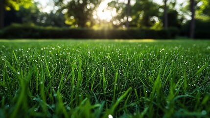 Lush Green Lawn with Dew Drops Sparkling in the Morning Sunlight