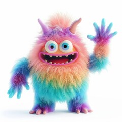 Adorable Fluffy Monster Waving: 3D Render Symbolizing Friendship and Greeting