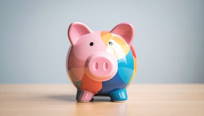 Piggy bank with multicolored mosaic pattern sits on light wood surface