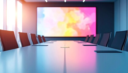 Sleek boardroom; colorful screen glows at the far end