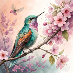 Hummingbird with Spring Blossoms