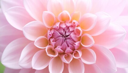 Center focus on a blush pink dahlia bloom, soft petals radiating from a purple-tinged heart