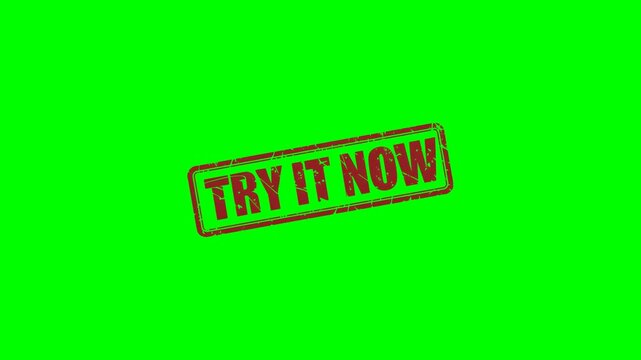 Animated "Try It Now" red rubber stamp on a green screen chroma key background for promoting product trials, encouraging immediate action and engaging users in marketing campaigns