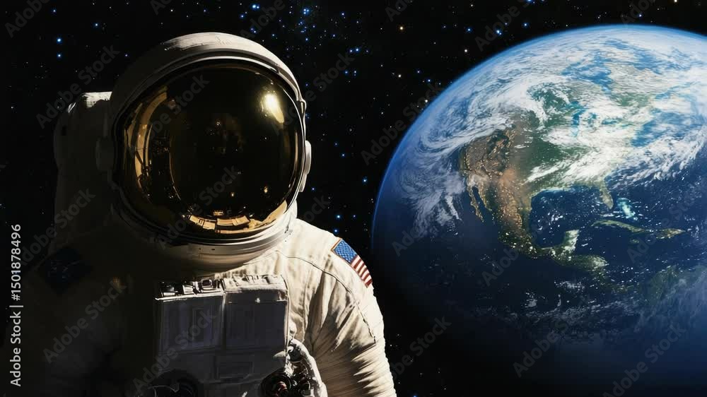 Poster astronaut standing by earth's surface, with planet in background