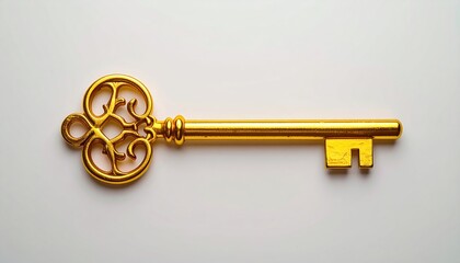 Ornate golden key on white surface. Highlights show detail