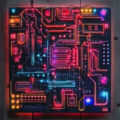 Detailed circuit board design with vibrant neon lights.