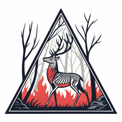 Design a forest badge featuring a skeletal deer inside a geometric triangle, incorporating a vintage aesthetic.