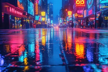 Fototapeta premium Neon Reflections Illuminate City Streets at Dusk