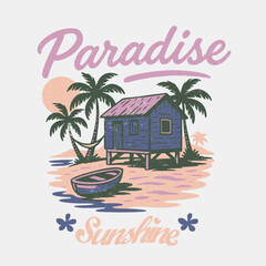 Fototapeta premium paradise sunshine slogan typograpy. summer girls print. graphics tee gor beach vibes. bing waves mountain palm tree sunset and sunflower in side the design. vintage retro t-shirt design.