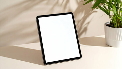 Black Tablet with Blank Screen on Beige Surface with Plant