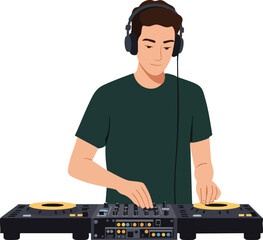 Male DJ mixing music on turntables with headphones vector illustration in modern style 