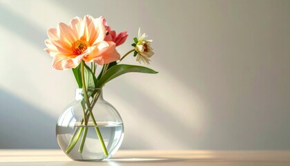 Peach dahlia in a clear vase, warm sunlight, simple composition on surface with soft shadows