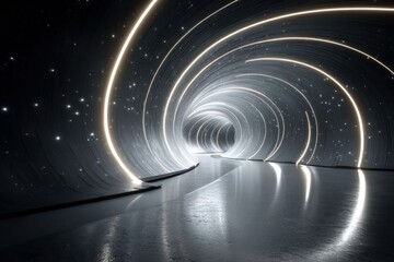 Abstract Glowing Spiral Tunnel with Bright Neon Lines in Darkness